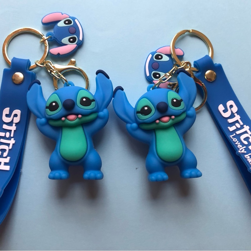 Two (2) Blue Stitch 3D PVC Keychain Key Rings